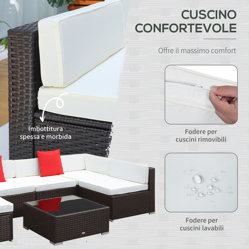 Set Salotto da Giardino in Rattan Sintetico 6 Poltrone e Tavolino Marrone 