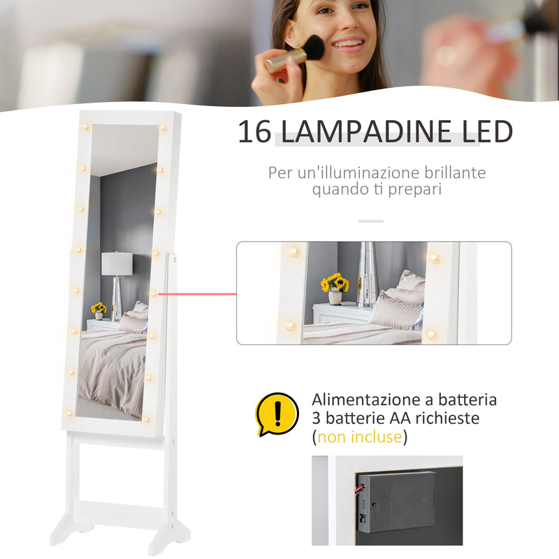 Specchio da Terra Armadio Portagioie Regolabile e Luci LED Bianco 36x30x136 cm 