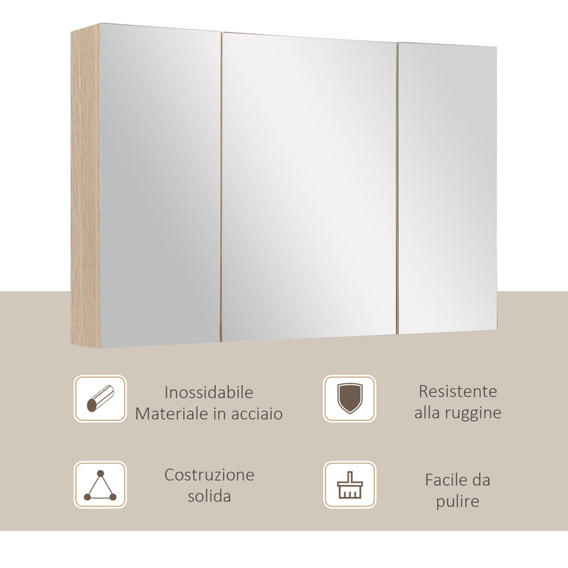 Specchiera da Bagno 3 Ante in Legno Rovere 90x60x13.5 cm 