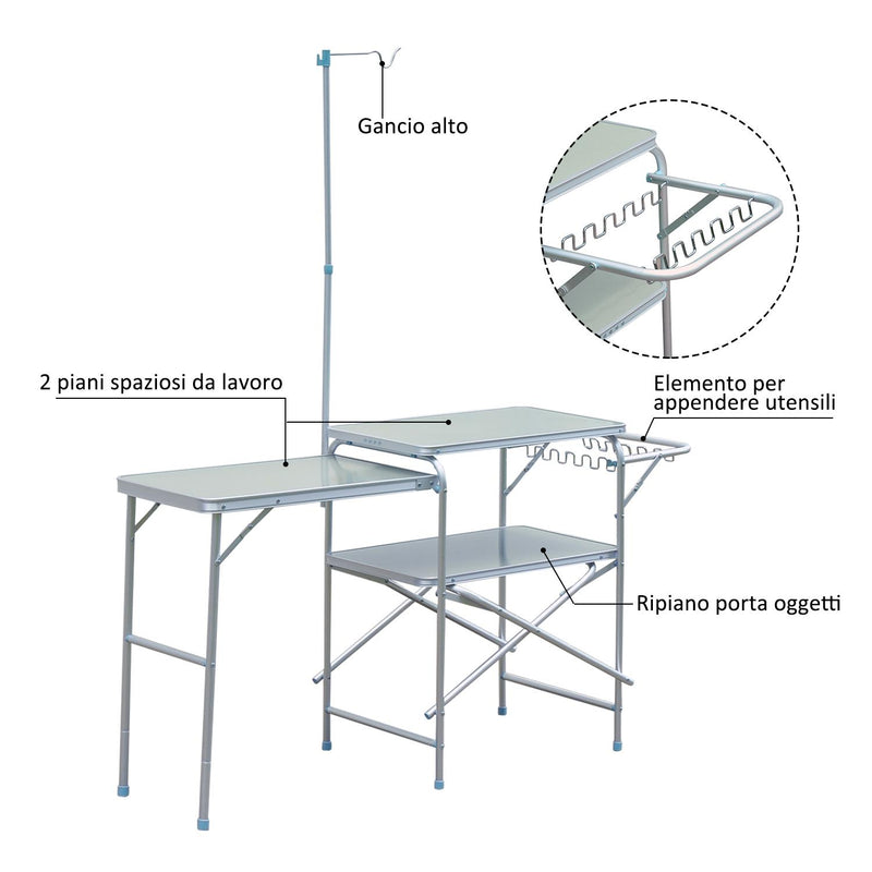 Tavolino da Campeggio Picnic Pieghevole in Alluminio 154.5x40.5x82 cm 