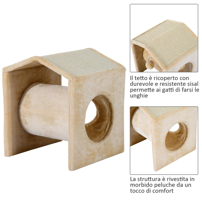 Cuccia Tiragraffi per Gatti Giocattolo con 3 Buchi e Pallina in Peluche e Sisal 36x35x43 cm 