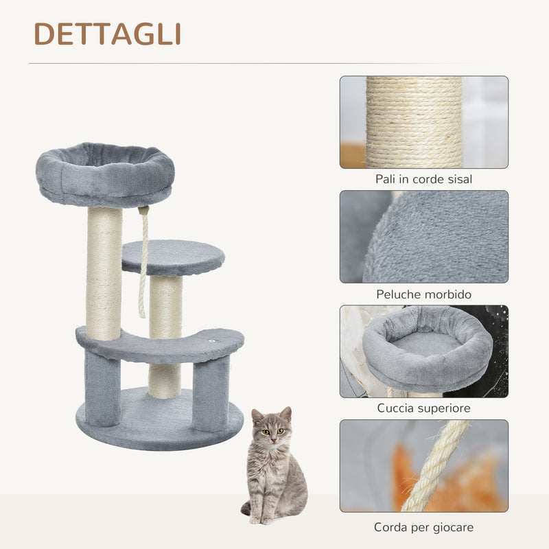 Albero Tiragraffi Gatti a 3 Livelli in Peluche Sisal Naturale Grigio Ø40x65 cm 