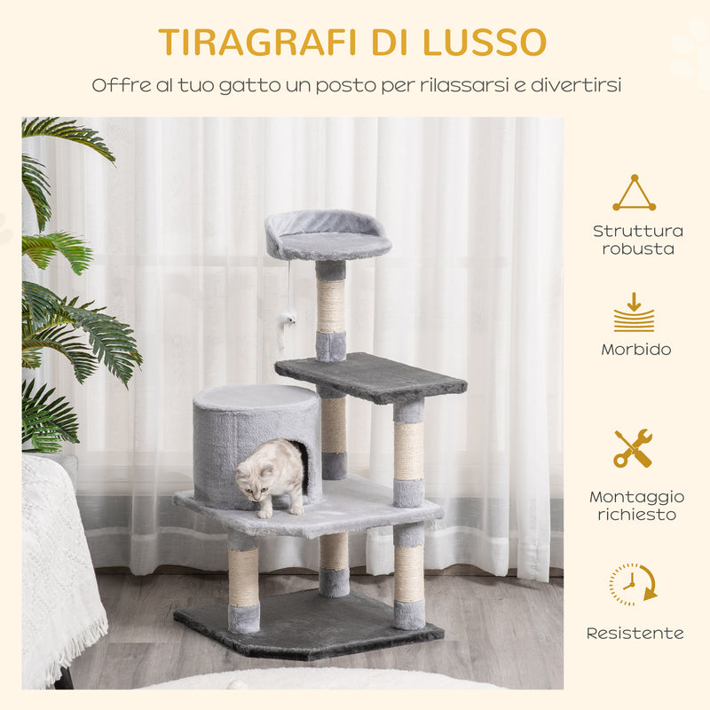 Albero Tiragraffi per Gatti di 3 livelli con Topolino Grigio 48x48x100 cm 