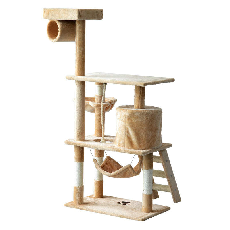 Albero Tiragraffi con Cuccia per Gatti in Legno Naturale Beige 65x39x140 cm 