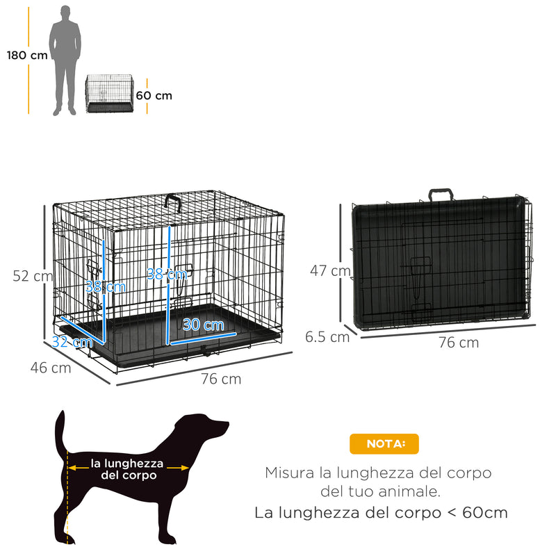 Gabbia Trasportino per Cani Gatti Pieghevole in Acciaio Doppia Apertura 76x53x57 cm Nero 