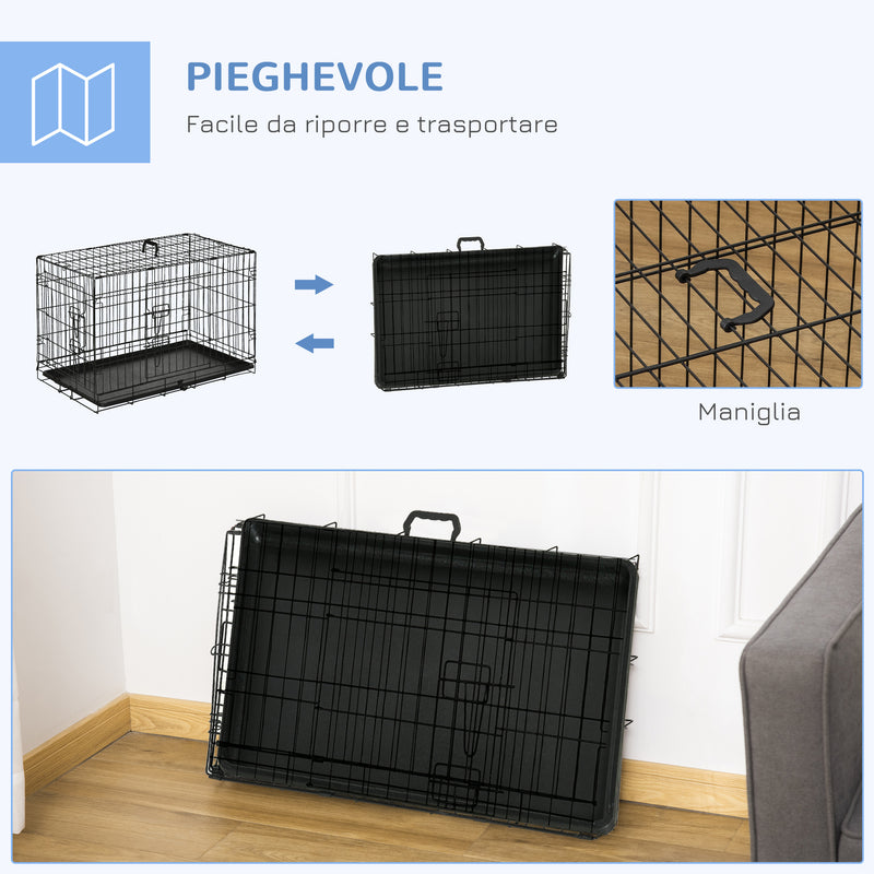Gabbia Trasportino per Cani Gatti Pieghevole in Acciaio Doppia Apertura 76x53x57 cm Nero 