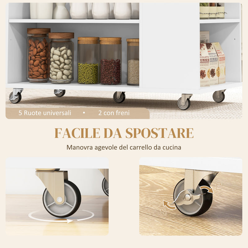 Carrello da Cucina Piano in Legno Isola Multiuso con Portaspezie e Portasciugamani 86,5x47x88 cm in Legno Bianco  