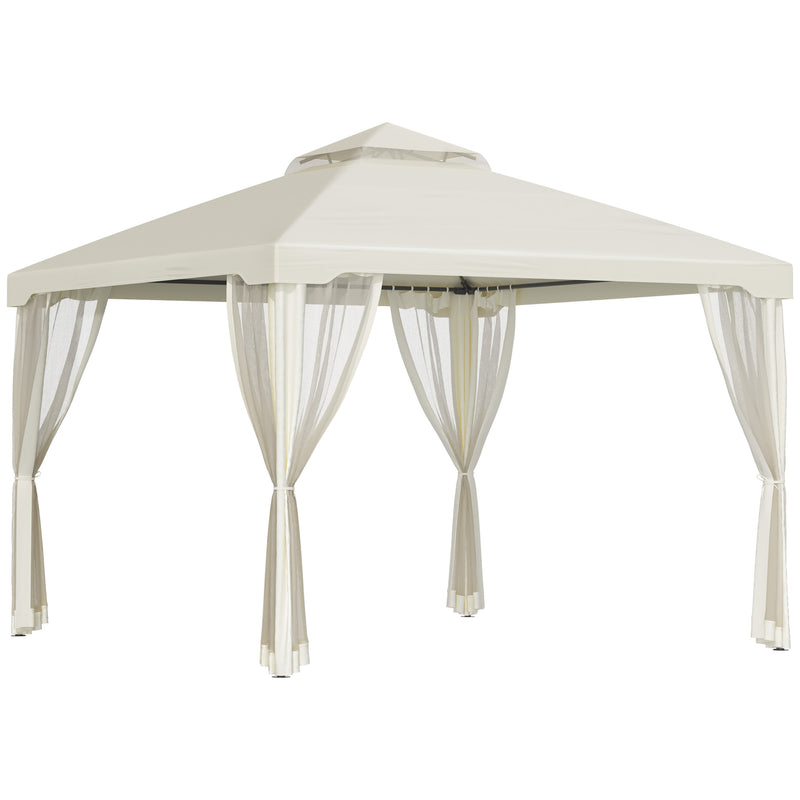 Gazebo da Giardino 2.95x2.95m in Metallo Doppio Tetto Zanzariera e Laterali Beige 