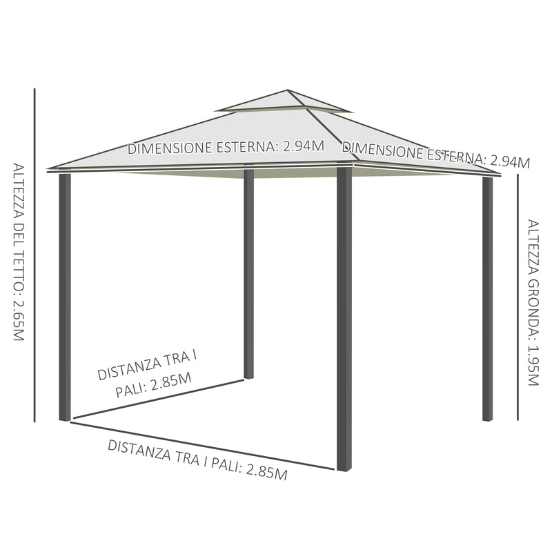 Gazebo da Giardino 2.95x2.95m in Metallo Doppio Tetto Zanzariera e Laterali Beige 