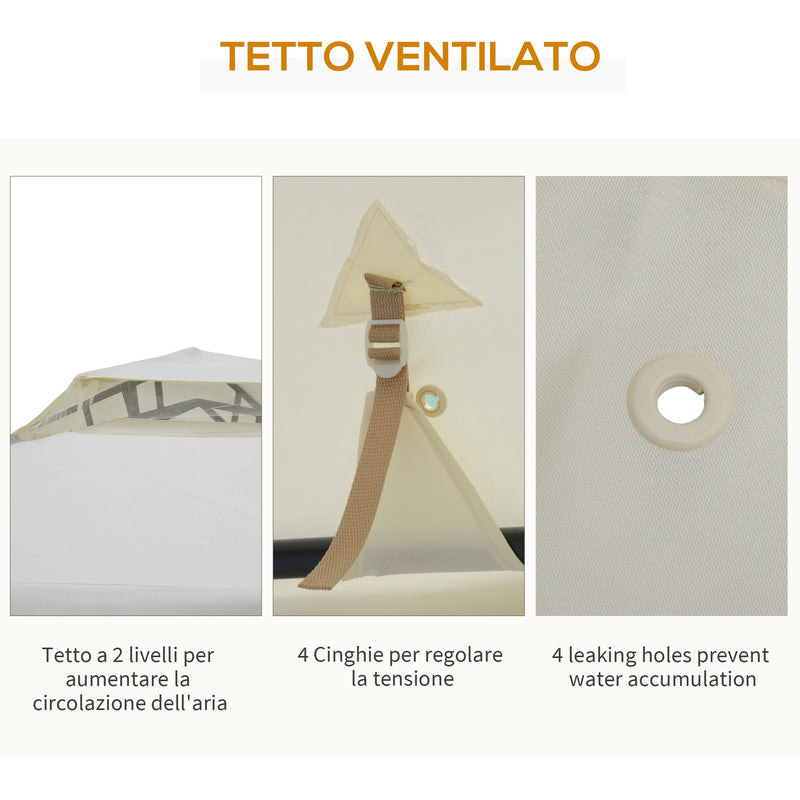 Gazebo da Giardino 2.95x2.95m in Metallo Doppio Tetto Zanzariera e Laterali Beige 