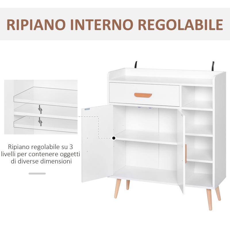 Madia Mobiletto Soggiorno con Piedi in Legno di Pino Bianco 80x29.5x96 cm 