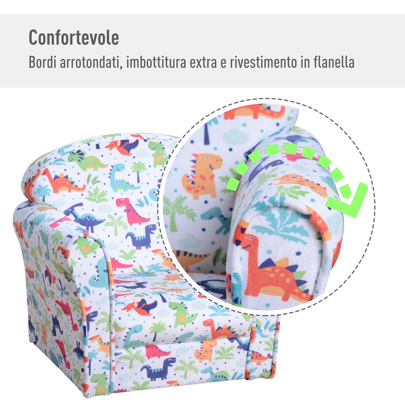 Poltroncina Mini per Bambini con Dinosauri Colorati  Bianca