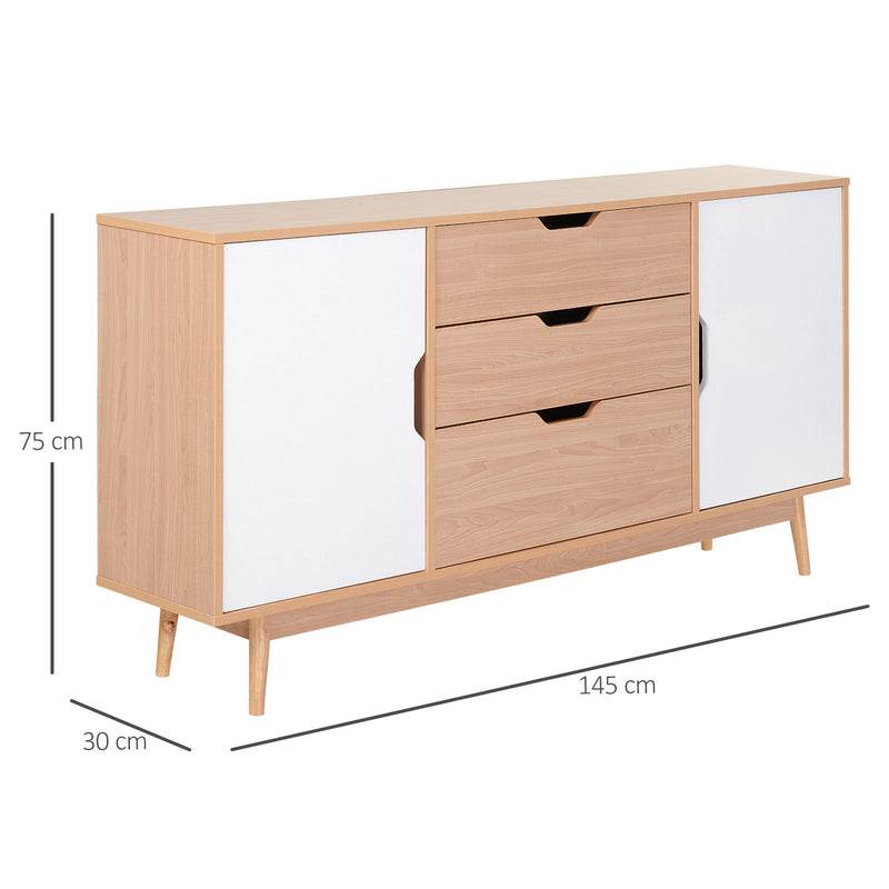 Madia 2 Ante 3 Cassetti Design Scandinavo in Legno Rovere 145x30x75 cm  Bianca e Naturale