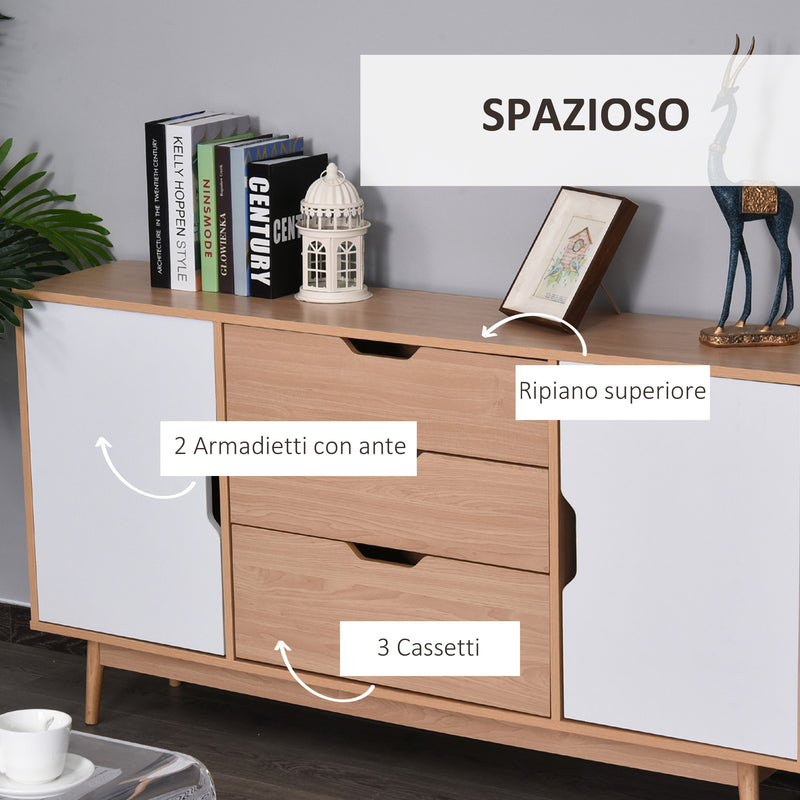 Madia 2 Ante 3 Cassetti Design Scandinavo in Legno Rovere 145x30x75 cm  Bianca e Naturale