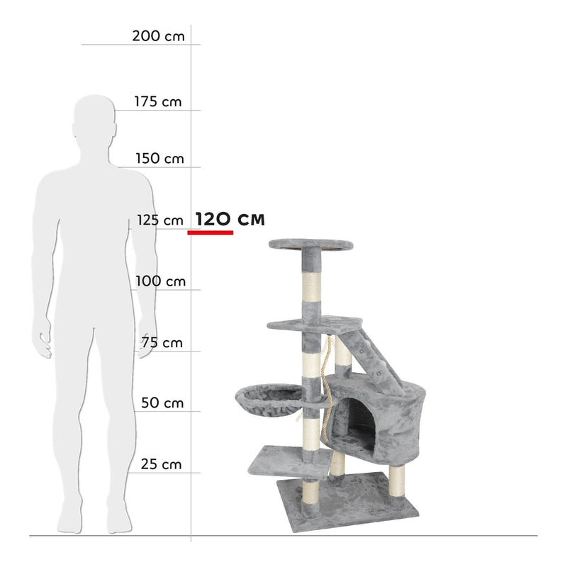 Albero Tiragraffi con Cuccia per Gatti H120 cm in Legno Sisal Naturale Rizzetti Grigio