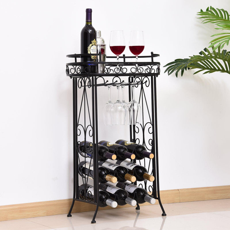 Cantinetta Portabottiglie con Portacalici 28,5x46x77,5 cm in Ferro Battuto  Nera