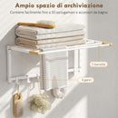 Portasciugamani a Parete Pieghevole 60x32,5x20 cm con 5 Barre e 6 Ganci in Legno e Acciaio Bianco      