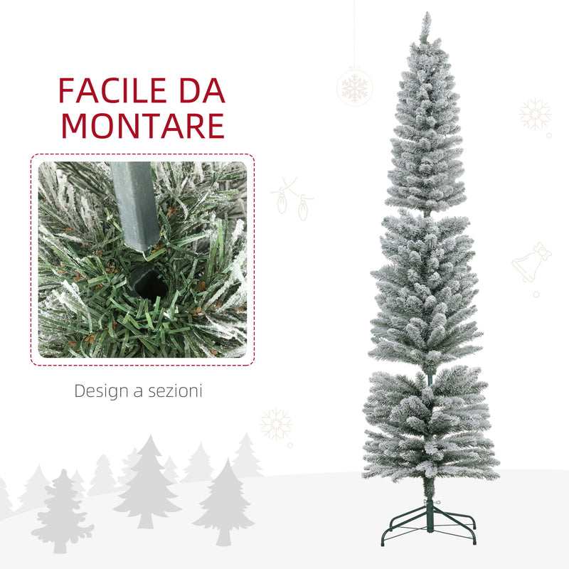 Albero di Natale Innevato Slim 210 cm con 405 Rami e 180 Luci LED Bianco Caldo in Plastica e Metallo Bianco      
