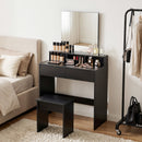 Tavolo da Trucco con Specchio 75x38x135 cm con 3 Ripiani 2 Cassetti e Sgabello in Legno e Vetro Nero      