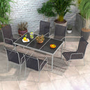 Set Tavolo con Top in Vetro 6 Sedie Impilabili da Giardino in Acciaio e Textilene Nero