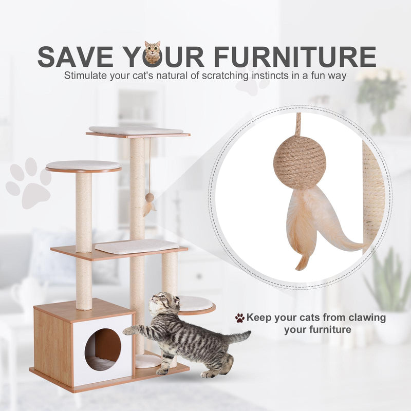 Albero Tiragraffi per Gatti con Cuccia 83x75x120 cm in Corda e Sisal  Giallo e Bianco