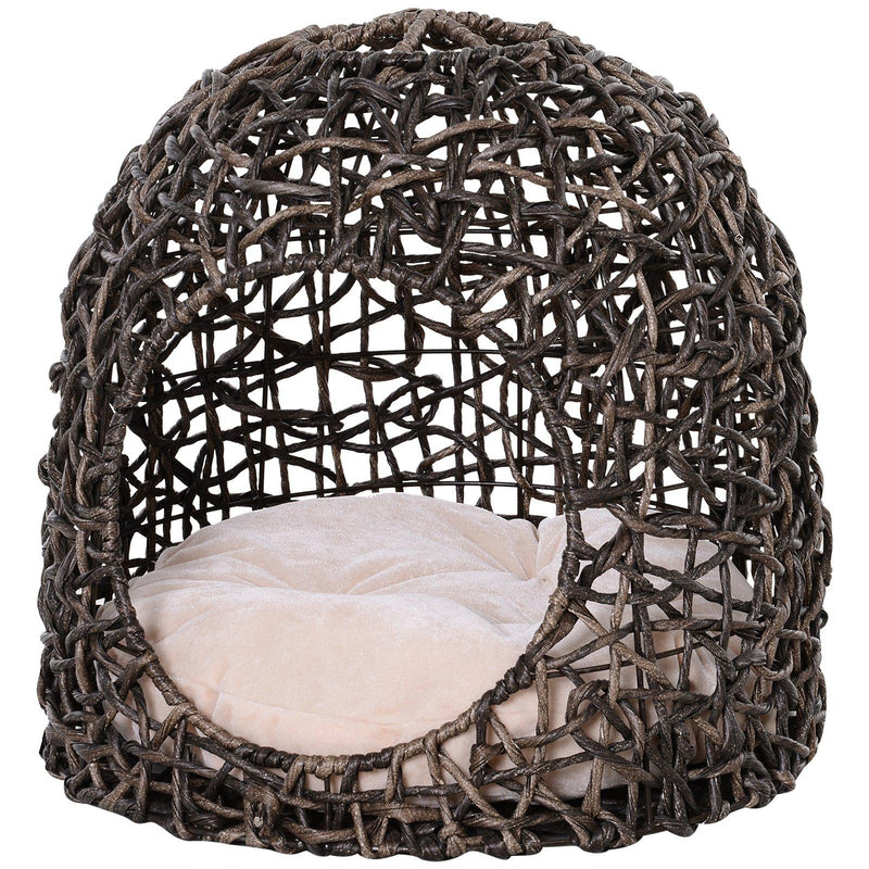 Cuccia in PVC Effetto Vimini per Gatti Ø49x46 cm con Cuscino  Marrone