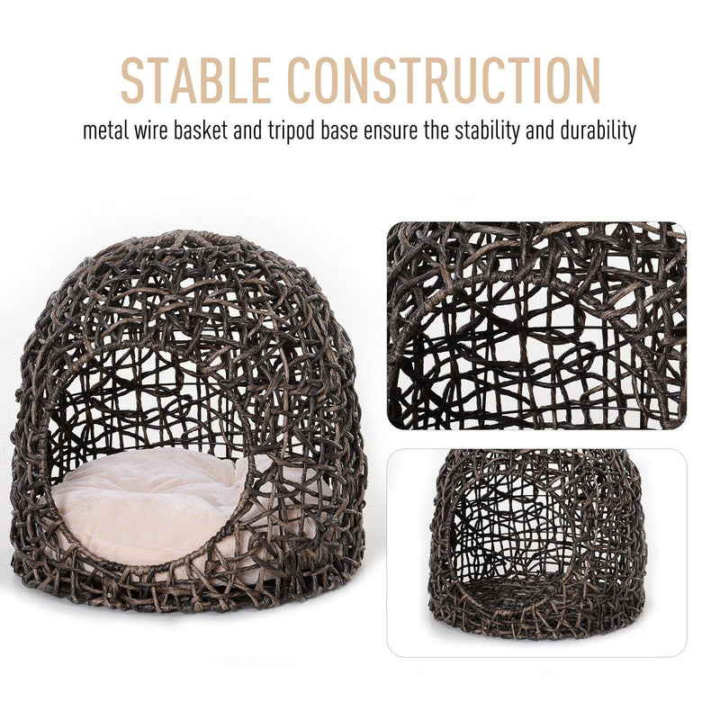 Cuccia in PVC Effetto Vimini per Gatti Ø49x46 cm con Cuscino  Marrone