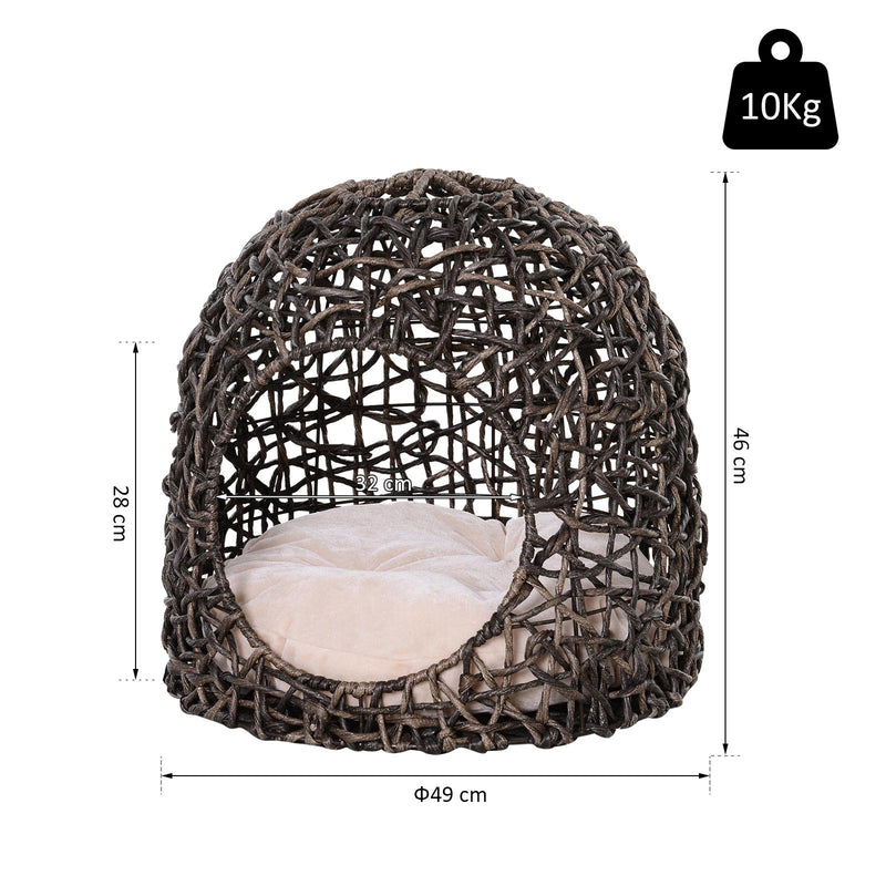 Cuccia in PVC Effetto Vimini per Gatti Ø49x46 cm con Cuscino  Marrone