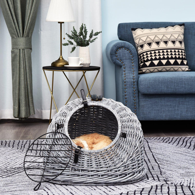 Trasportino in Vimini per Gatti 42x35x37 cm con Cuscino  Grigio