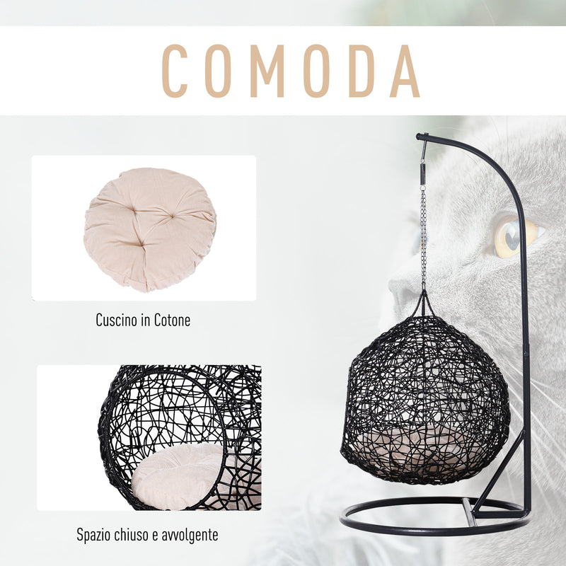 Cuccia Amaca in PVC Effetto Rattan per Gatti Ø60x110 cm con Cuscino  Nera