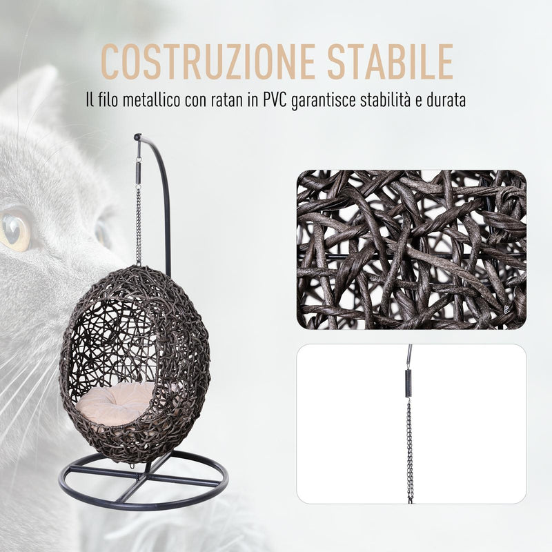Cuccia Amaca in PVC Effetto Rattan per Gatti Ø60x120 cm con Cuscino  Caffè