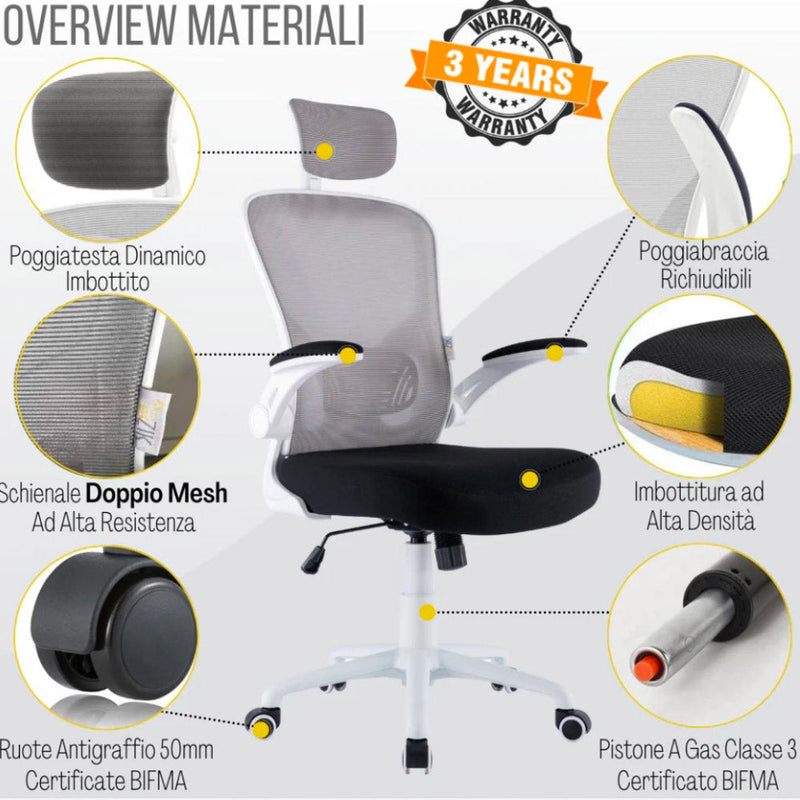 Sedia Direzionale da Ufficio 62x63x119/129 cm Ergonomica con Braccioli Pieghevoli Certificata EN1335 Bianca e Nera