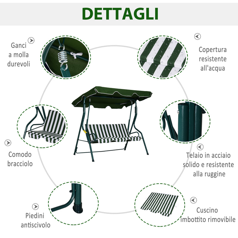 Dondolo 3 Posti da Giardino 170x110x153 cm  Swivel Verde e Bianco
