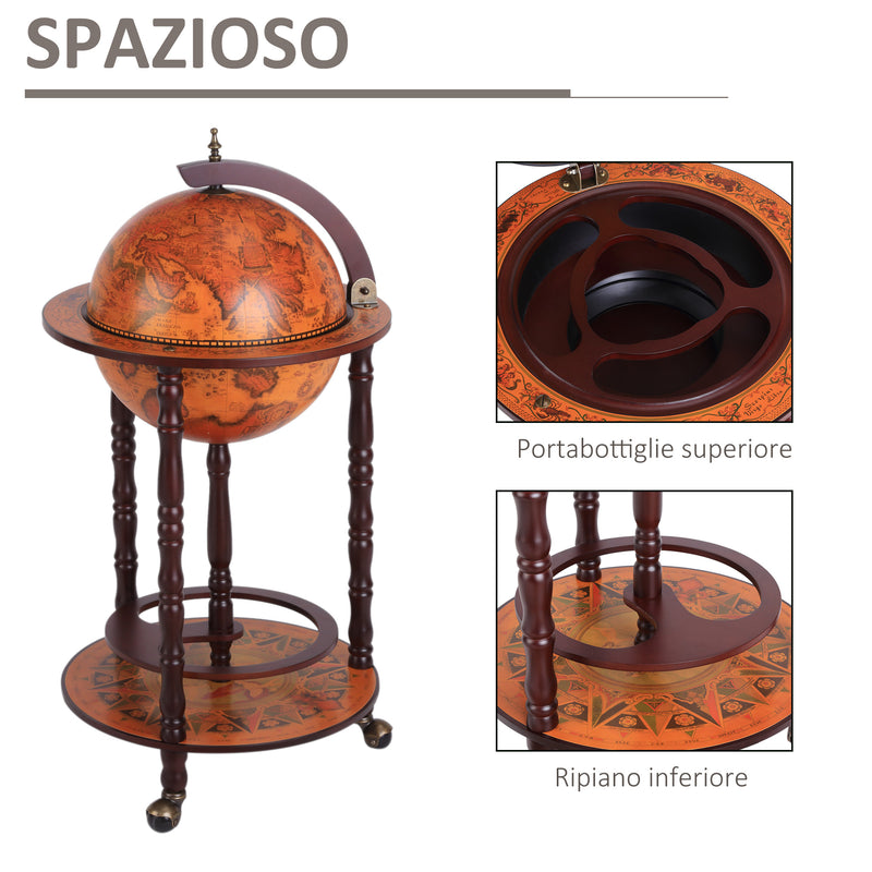 Mobile Portabottiglie Mappamondo Ø44x87 cm in Legno con 3 Ruote  Vintage