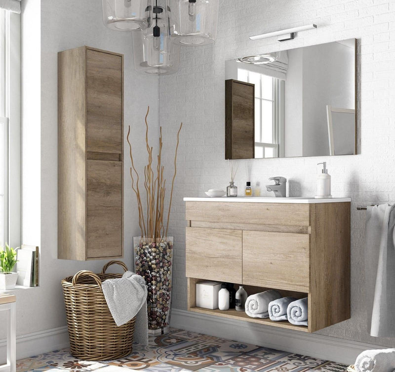 Mobile Bagno Sospeso 80 cm Lavabo 2 Ante con Colonna + LED 30 cm Rizzetti Rien Rovere