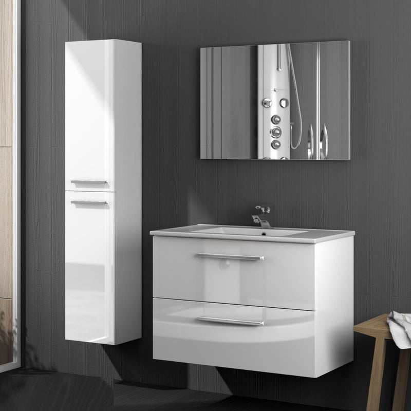 Mobile Bagno Sospeso 80 cm Lavabo 2 Cassetti Colonna e Specchio Lucido Rizzetti Top Bianco