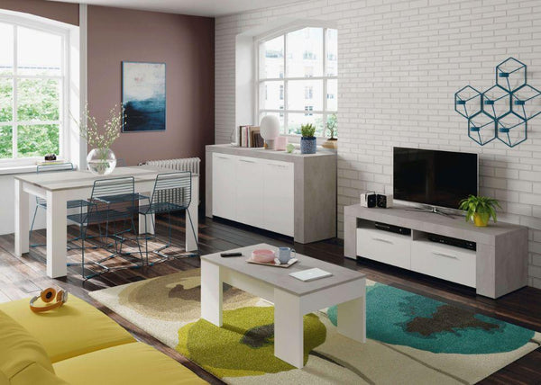 sconto Sideboard für Wohnzimmer 144x42x80 cm 3 Türen Rizzetti Exotic White und Zement