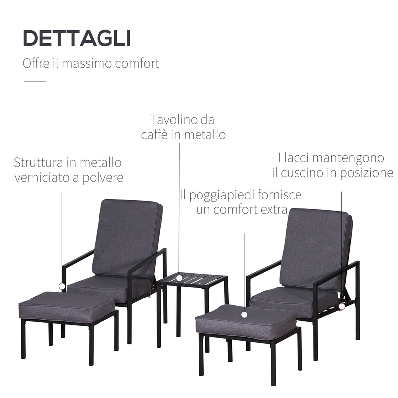 Set Salotto da Giardino in Metallo e Poliestere 2 Sedie 2 Pouf e Tavolino  Grigio e Nero