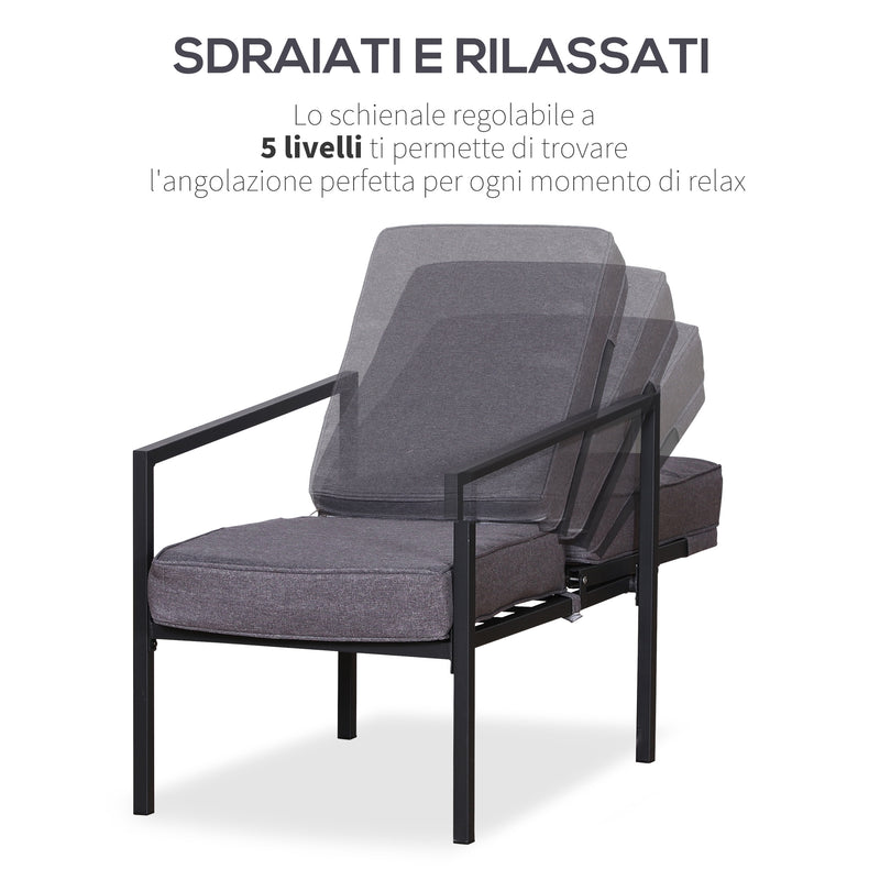 Set Salotto da Giardino in Metallo e Poliestere 2 Sedie 2 Pouf e Tavolino  Grigio e Nero