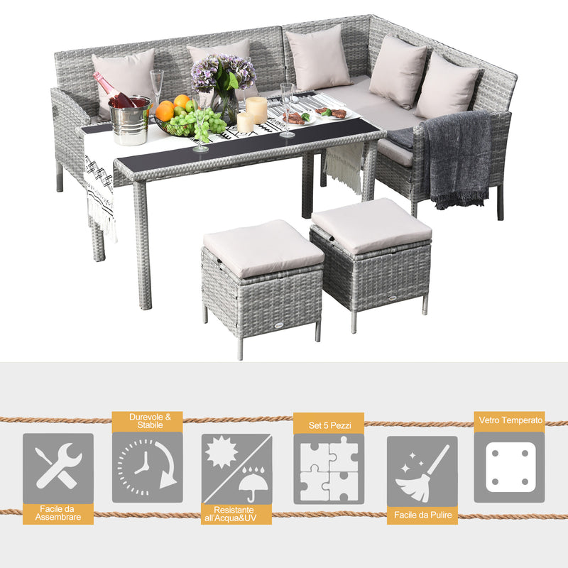 Set Salotto da Giardino in Rattan 2 Divani Angolari Tavolino 2 Sgabelli  Grigio