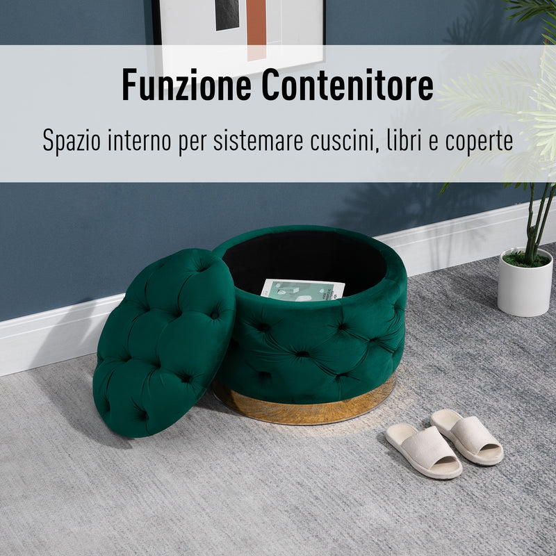 Pouf Contenitore con Coperchio in Velluto con Bottoni Trapuntati   Verde