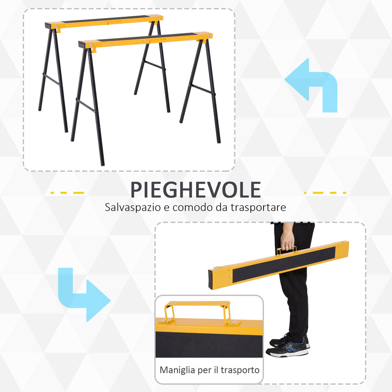 Set 2 Cavalletti da Lavoro Pieghevoli max 250Kg in Acciaio 99,5x50x76 cm  Neri e Gialli