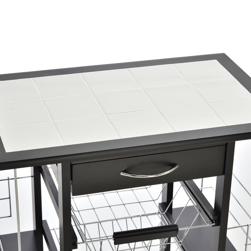 Carrello da Cucina con 4 Cestini e 4 Scomprati in Legno di Pino 57x37x83 cm  Nero