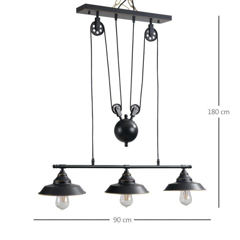 Lampada da Soffitto 3 Paralumi E27 in Metallo 90x22x180 cm  Nero