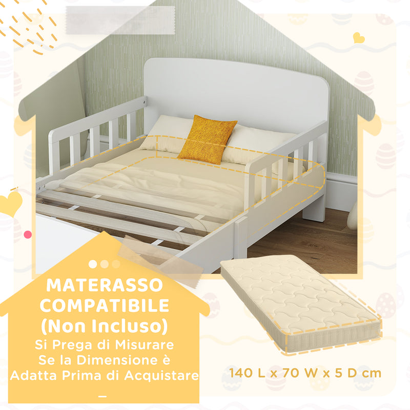 Letto per Bambini 3-8 Anni Basso con Sponde Laterali e Bordi Lisci 143.5x74.2x54 cm in Legno Bianco      