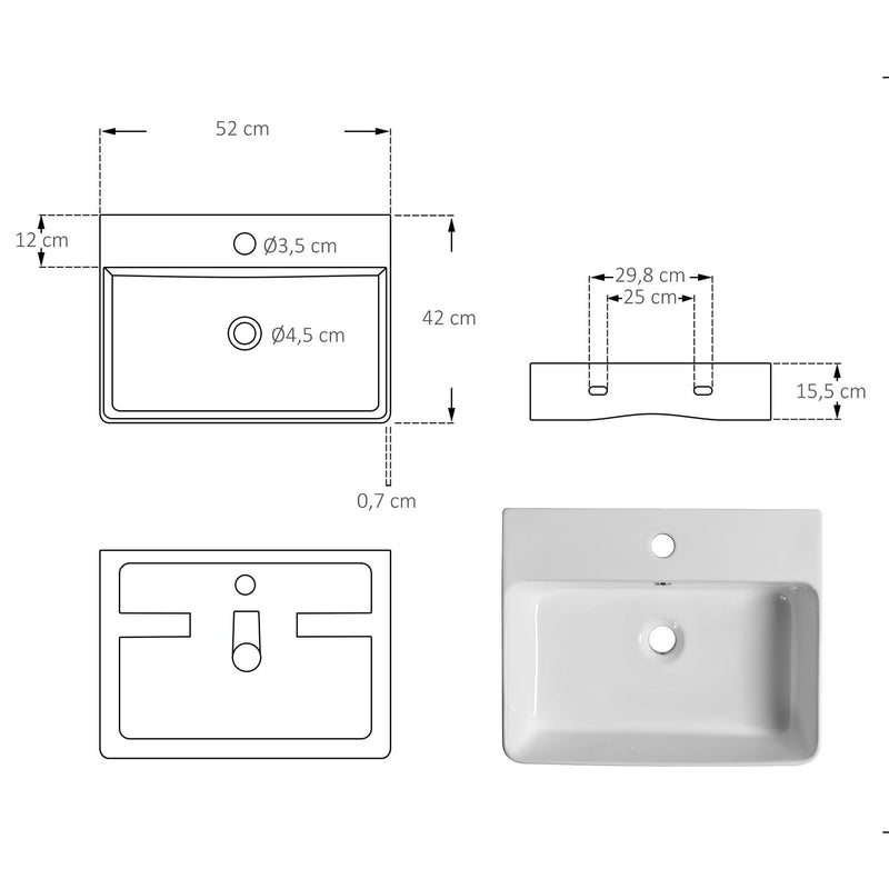 Lavabo da Appoggio 52x42x15,5 cm in Ceramica  Bianco