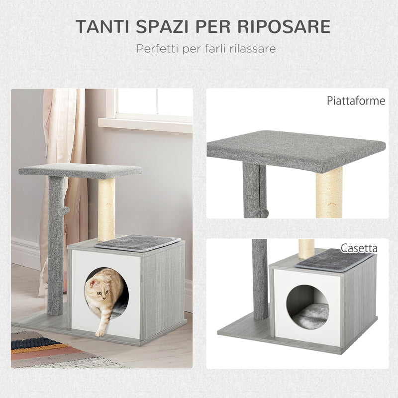 Tiragraffi con Cuccia per Gatti in Legno Sisal 59x39x62 cm  Grigia