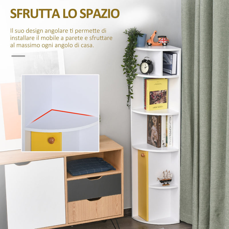 Libreria Angolare 5 Ripiani con Armadietto 29,8x29,9x147 cm  Bianco e Giallo