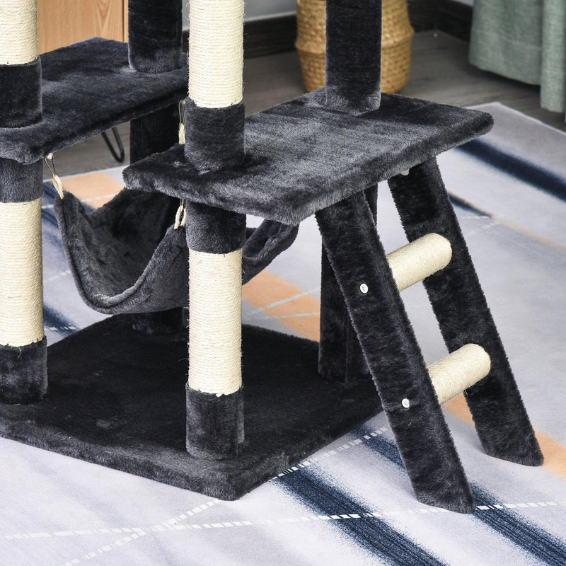 Tiragraffi con 2 Cuccie Amaca e Giochi per Gatti 49x49x155 cm in Peluche Sisal  Grigio Scuro