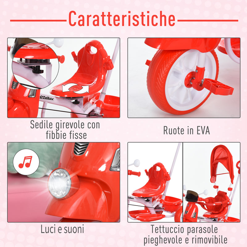 Triciclo Passeggino con Seggiolino Reversibile per Bambini   Rosso